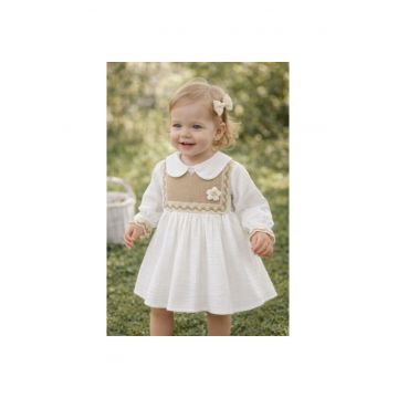Rochita bebe fetita alba eleganta cu guler clasic dantela si design vintage premium