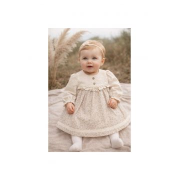 Rochita bebe fetita eleganta crem cu imprimeu floral dantela si design vintage premium