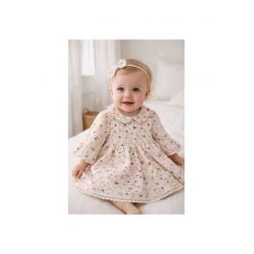 Rochita bebe fetita eleganta cu imprimeu floral guler rotund si dantela delicata