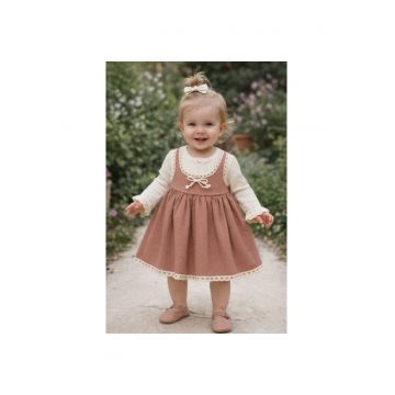 Rochita bebe fetita eleganta cu maneci lungi dantela si design vintage caramiziu