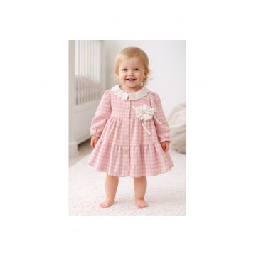 Rochita bebe fetita roz eleganta cu guler dantela si floare decorativa