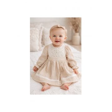Rochita bebe fetite eleganta bej cu dantela maneca lunga din muselina