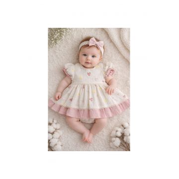 Rochita fetita bumbac ivoire roz inimioare maneca scurta eleganta bebelusi