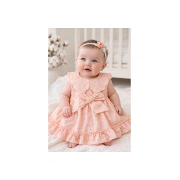 Rochita fetita roz broderie eleganta cu fundita design premium bebelusi copii