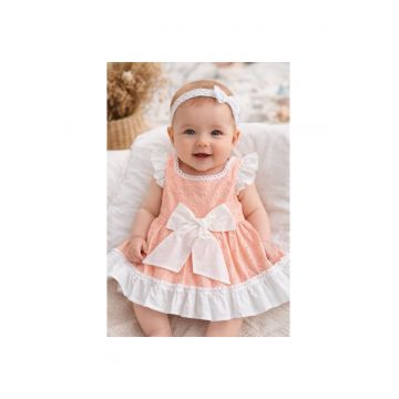 Rochita fetita somon alb eleganta cu fundita broderie dantela premium bebelusi copii