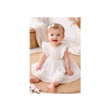 Rochita fetite muselina bumbac cu volane si dantela - rochie eleganta bebe vara