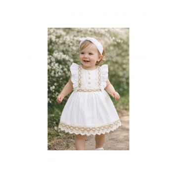 Rochita fetite muselina eleganta alba cu dantela si volanase rochie vara bebe