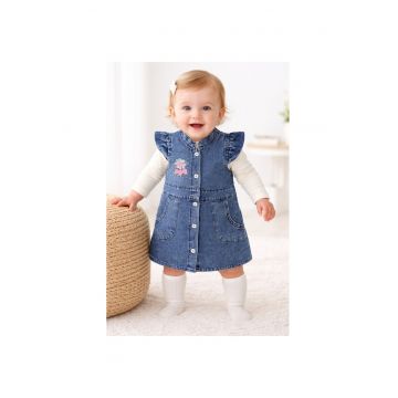 Sarafan denim bebe fetita cu bluza alba si broderie florala