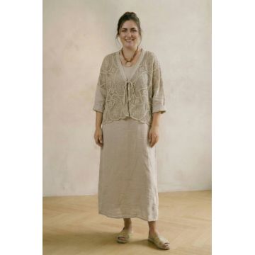 Compleu rochie lunga din in cu blazer dantelat si croi lejer boem elegant, bej