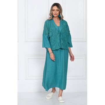 Compleu rochie lunga din in cu blazer dantelat si croi lejer boem elegant , turcoaz