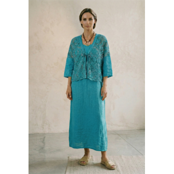 Compleu rochie lunga din in cu blazer dantelat si croi lejer boem elegant , turcoaz