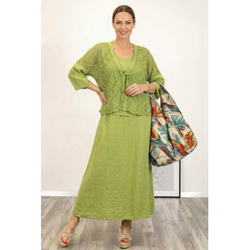 Compleu rochie lunga din in cu blazer dantelat si croi lejer boem elegant , verde olive