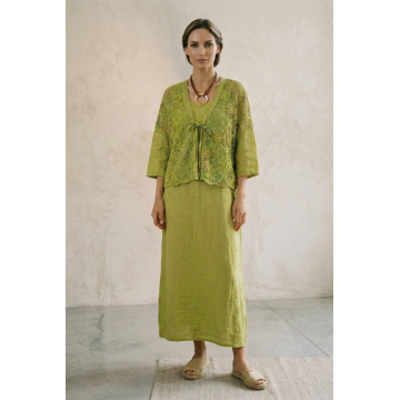 Compleu rochie lunga din in cu blazer dantelat si croi lejer boem elegant , verde olive