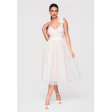 LARICA Rochie Cocktail Midi Evazata cu Aplicatie din Tulle si Decolteu in V - Alb