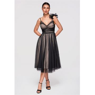 LARICA Rochie Cocktail Midi Evazata cu Aplicatie din Tulle si Decolteu in V - Negru