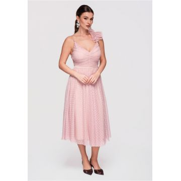 LARICA Rochie Cocktail Midi Evazata cu Aplicatie din Tulle si Decolteu in V - Nude