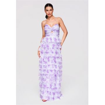 LARICA Rochie Maxi de Seara - Tulle Stratificat - Croiala Evazata cu Spatele Gol - Mov