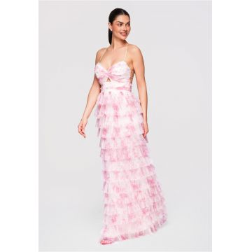 LARICA Rochie Maxi de Seara - Tulle Stratificat - Croiala Evazata cu Spatele Gol - Roz