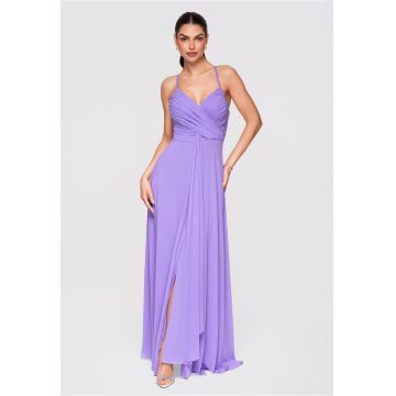 LARICA Rochie Maxi Eleganta - Croi Amplu - Decolteu Petrecut - Ideala pentru Evenimente Speciale - Saten mediu violet