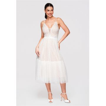LARICA Rochie midi evazata cu dantela si tul - ideala pentru ocazii speciale - Alb