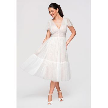 LARICA Rochie Midi Evazata - cu Decolteu in V si Tulle cu Model Delicat - Alb