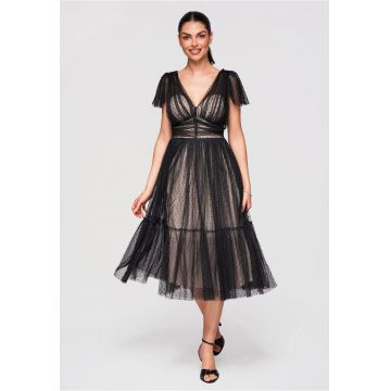 LARICA Rochie Midi Evazata - cu Decolteu in V si Tulle cu Model Delicat - Negru