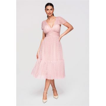 LARICA Rochie Midi Evazata - cu Decolteu in V si Tulle cu Model Delicat - Nude