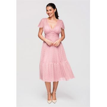 LARICA Rochie Midi Evazata - cu Decolteu in V si Tulle cu Model Delicat - Roz murdar