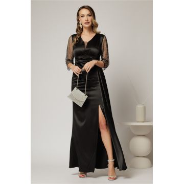 Rochie Alora lunga eleganta din tafta neagra cu pietre pe maneci