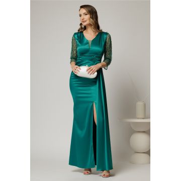 Rochie Alora lunga eleganta din tafta verde cu pietre pe maneci