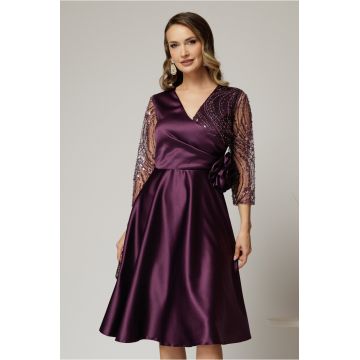 Rochie Azaleea midi mov din tafta cu paiete la bust si funda maxi in talie