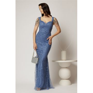 Rochie bleu de seara croi sirena cu aplicatii de paiete si margele