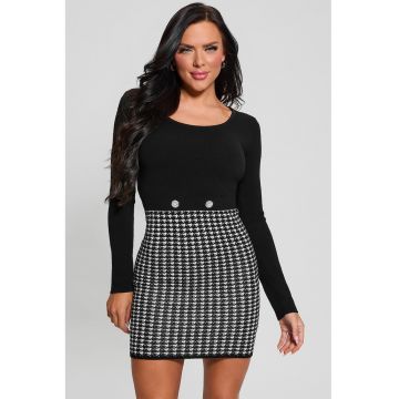Rochie bodycon cu imprimeu houndstooth Gabriella - Alb/Negru