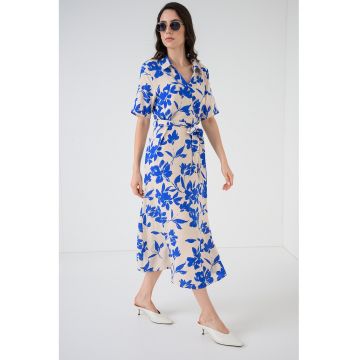 Rochie-camasa cu imprimeu si cordon in talie - Albastru royal/Alb optic