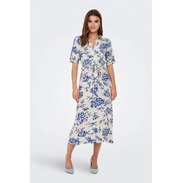 Rochie-camasa cu imprimeu si cordon in talie - Albastru royal/Alb optic