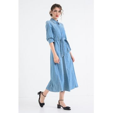 Rochie-camasa de denim cu maneci medii - Albastru pal