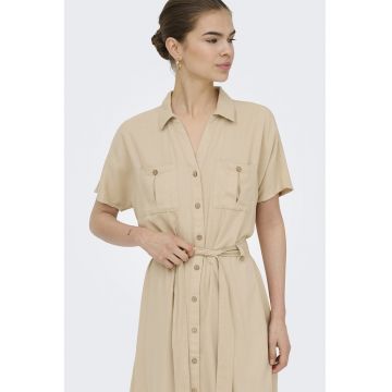 Rochie-camasa din amesec de in cu maneci scurte - Bej deschis
