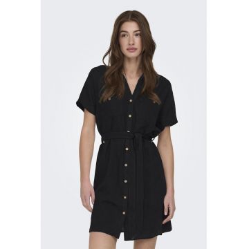 Rochie-camasa din amesec de in cu maneci scurte - Negru