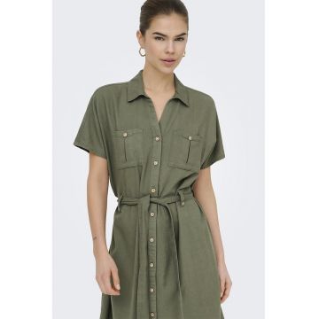 Rochie-camasa din amesec de in cu maneci scurte - Verde