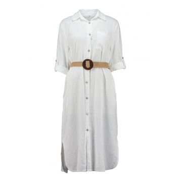 Rochie-camasa din amestec de in cu buzunar pe piept - Alb