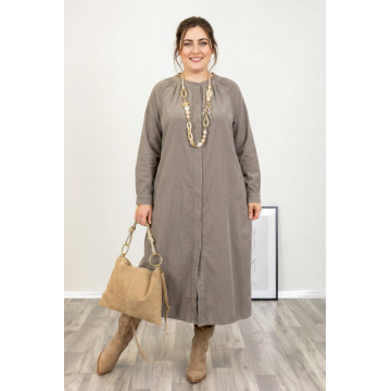 Rochie camasa din catifea reiata, croiala lejera si design versatil, bej inchis