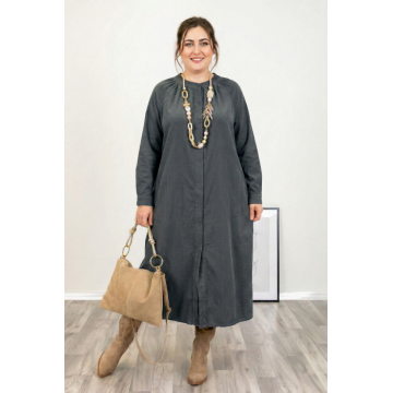 Rochie camasa din catifea reiata, croiala lejera si design versatil, gri