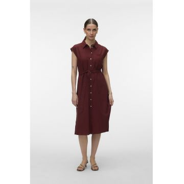 Rochie-camasa midi din amestec de in - Rosu inchis