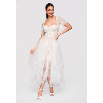 Rochie Cocktail Midi Dantela Florala Eleganta Croi Cloche - Alb