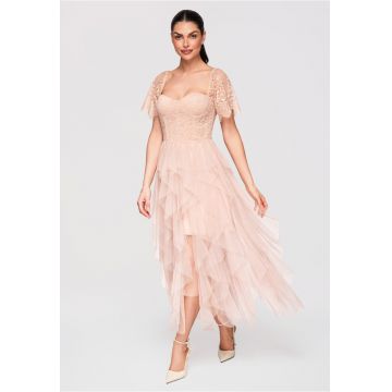 Rochie Cocktail Midi Dantela Florala Eleganta Croi Cloche - Nude