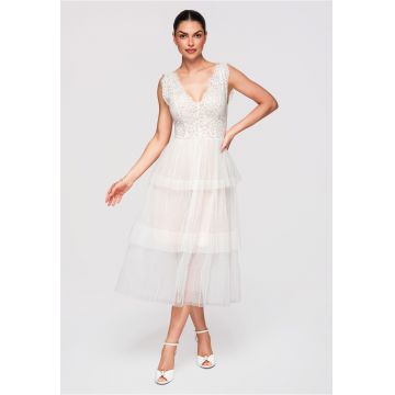 Rochie Cocktail Midi Dantela si Tulle Eleganta - Croiala Fit & Flare - Alb