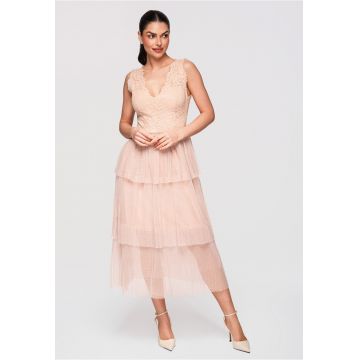 Rochie Cocktail Midi Dantela si Tulle Eleganta - Croiala Fit & Flare - Nude