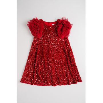 Rochie cu aplicatii cu paiete si volane - Rosu vermillion
