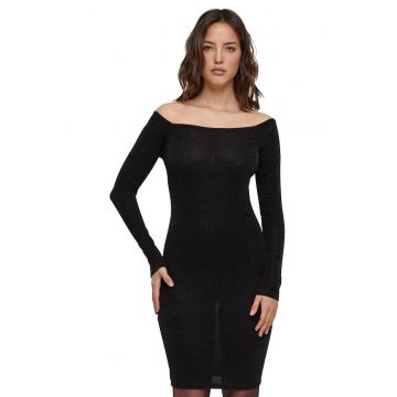 Rochie cu aspect stralucitor si decolteu pe umeri - Negru