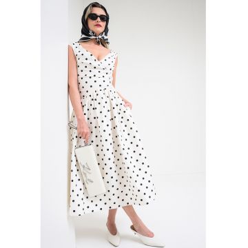 Rochie cu buline si decolteu in V - Negru/Alb murdar